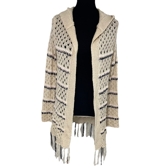 Paper Crane Anthropologie‎ Hoodie Cardigan Cream Boho Fringe Size Medium - Picture 1 of 10